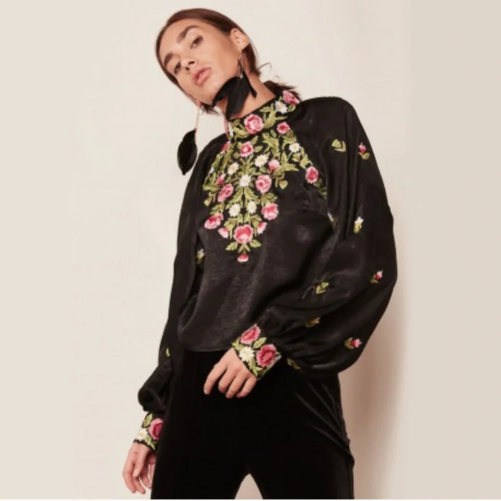 Free People High Neck Embroidered Jessica Blouse XS